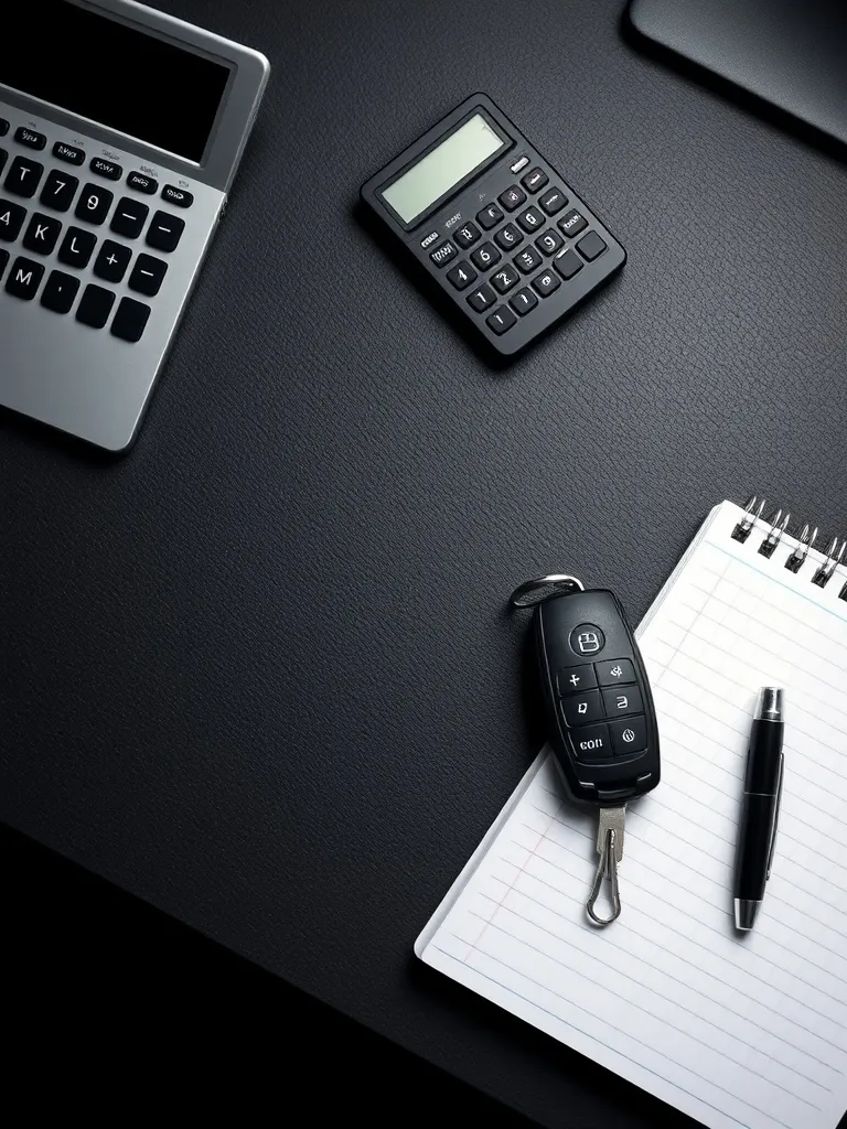 A professional office desk with a calculator, notebook, and