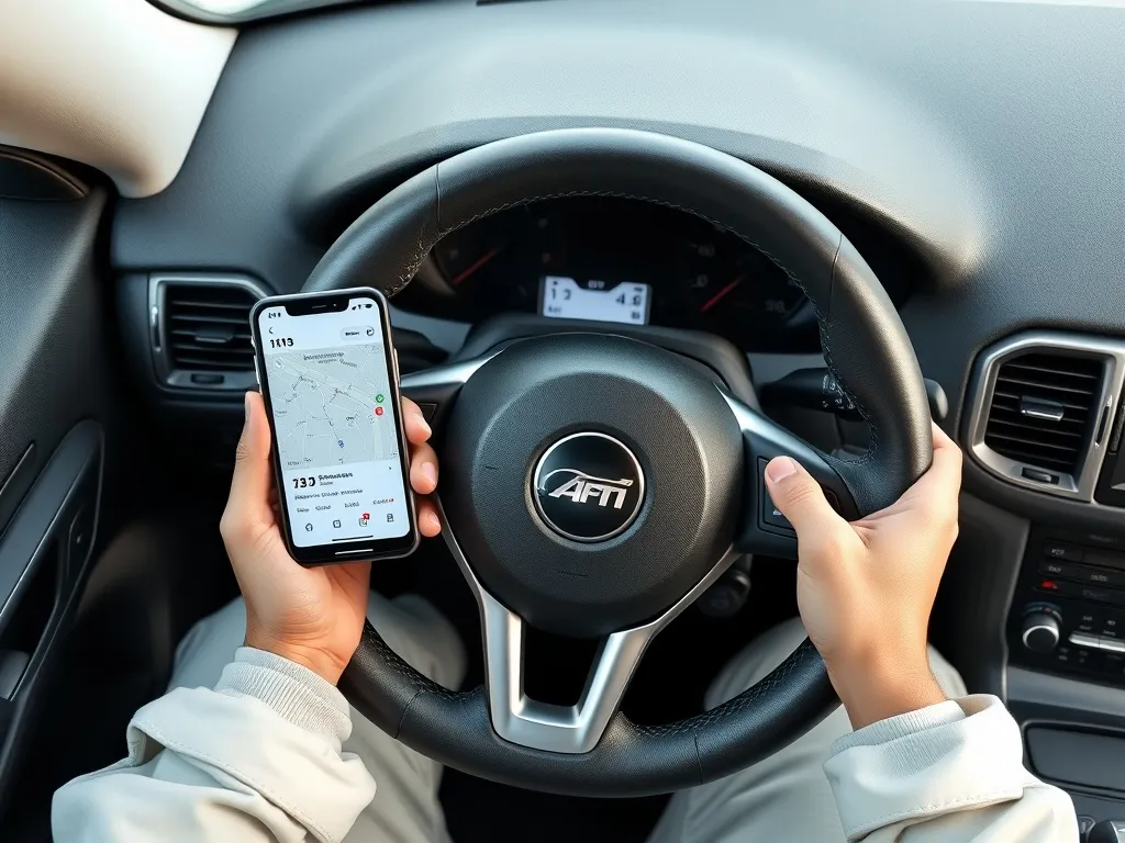 A minimalist overhead photo of a car steering wheel and a sm