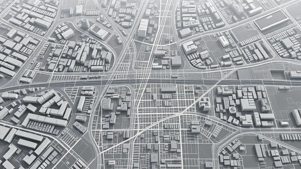 A technical top-down grayscale map of a city grid with data